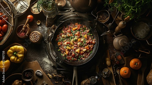 A rustic and inviting kitchen scene showcasing a sizzling pan full of colorful stir-fried vegetables surrounded by fresh ingredients and cooking utensils.
