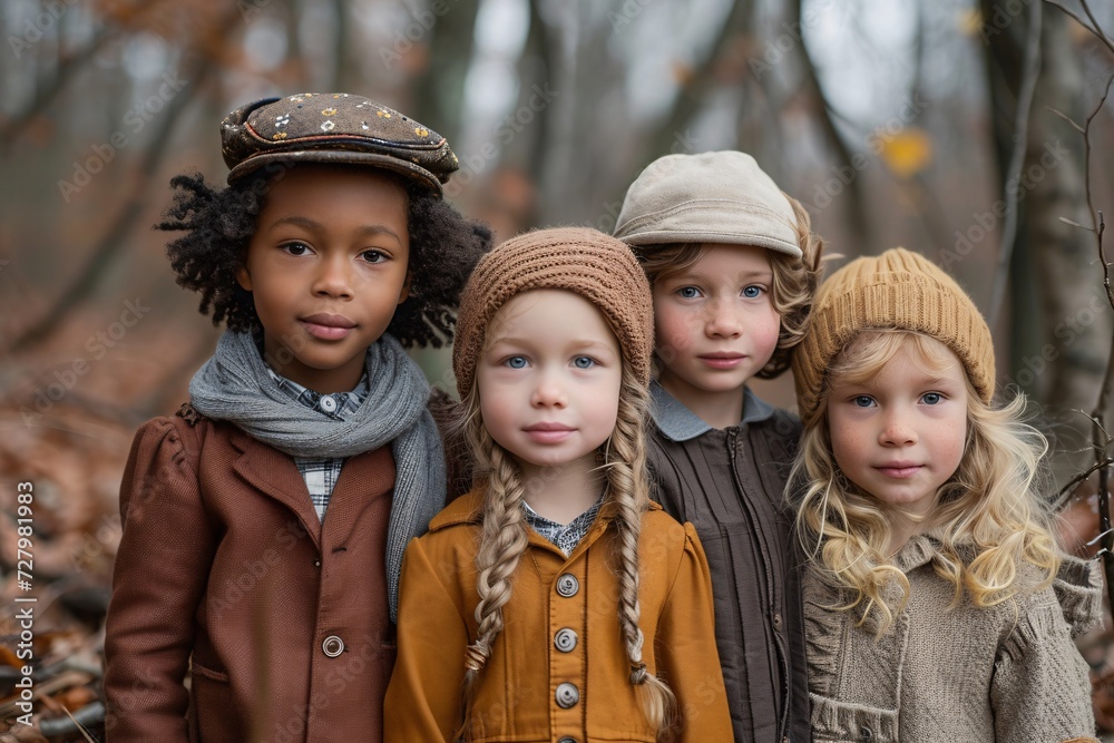 A playful group of bundled up children strike a pose under the fall trees, showcasing their stylish winter attire and adorable headgear while radiating pure joy and innocence A playful group of bundled up children strike a pose under the fall trees, showcasing their stylish winter attire and adorable headgear while radiating pure joy and innocence
