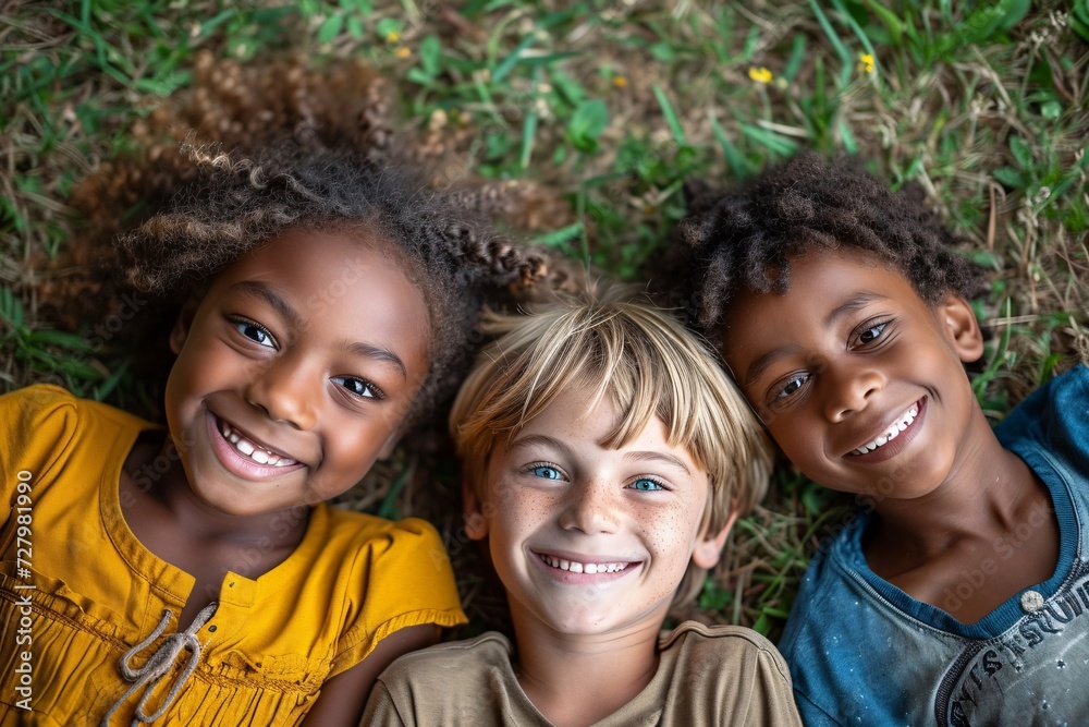 Fototapeta premium A cheerful group of young friends enjoying the warm sunshine, surrounded by vibrant grass and beautiful irises, with beaming smiles and infectious laughter filling the air