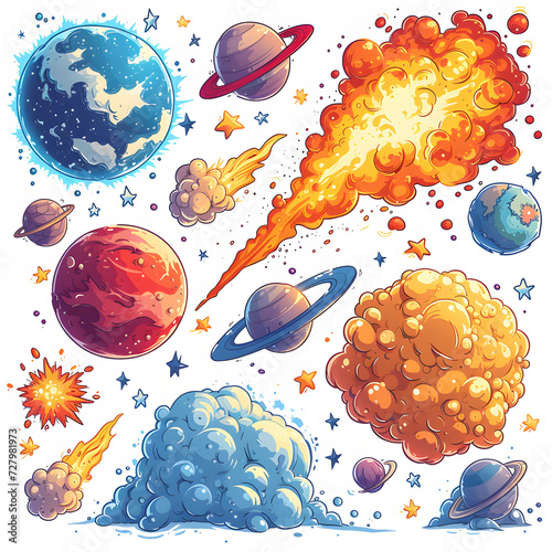 Multiverse collisions and their consequences isolated on white background, cartoon style, png
