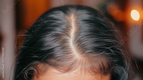 Close up of hair parting with visible scalp, thinning dark hair due to aging, chemotherapy or hair pulling disorder trichotillomania, baby hairs regrowth in front