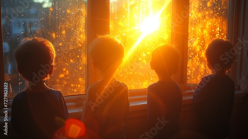 Three Children Looking Out a Window at the Sun