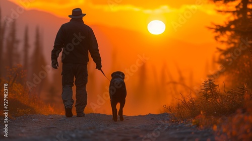 Man Walking With Dog on Trail at Sunset © Mustafa