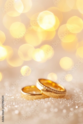 Golden Vows, A Pair of Gold Wedding Rings Gleaming Against a Bokeh Background, Capturing the Essence of Eternal Commitment.