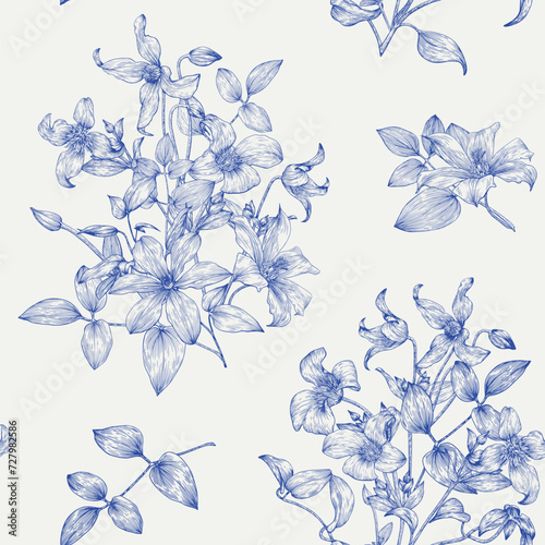 Toile art Vintage seamless pattern with bouquet flowers of Clematis blue on light beige. Hand drawn elements Monochrome. Vector floral background for design textiles, digital paper, wallpaper, wedding