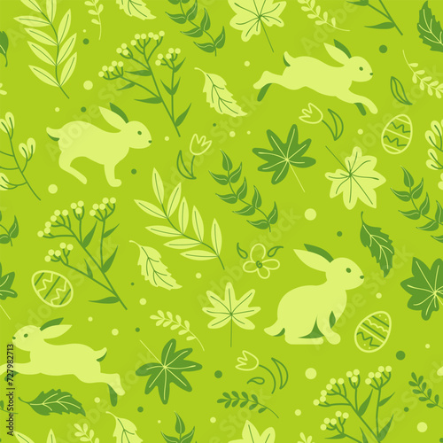 Charming rabbits are jumping in the spring meadow, happy easter. Seamless monochrome green pattern chocolate eggs, daisies and tulips. cartoon style. For wallpaper, printing on fabric, wrapping. © Любовь Кондратьева