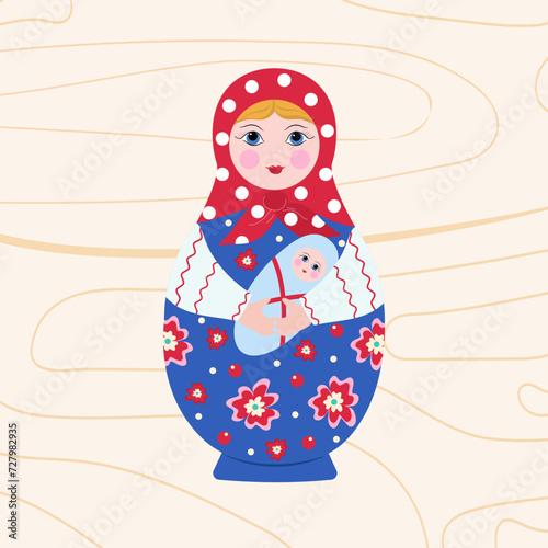 Wooden Matryoshka doll with a child in her arms. Painted doll. Mother and child. Family, motherhood concept. Russian traditional toy, souvenir. Vector illustration, wood texture, background isolated.