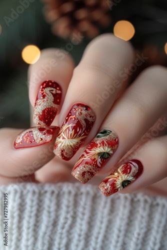 Nail Art Showcase featuring a Chinese Dragon, Sparkling Fireworks, and Light Luxury in Gold and Red Accents with Clear Crystals for a Shiny Finish