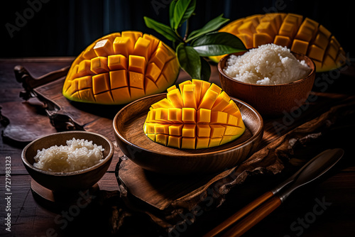 Transport your senses with the visual feast of Mango Sticky Rice elegantly presented on a rustic wooden table. The rich textures and tropical allure make this image ideal for culinary projects and foo