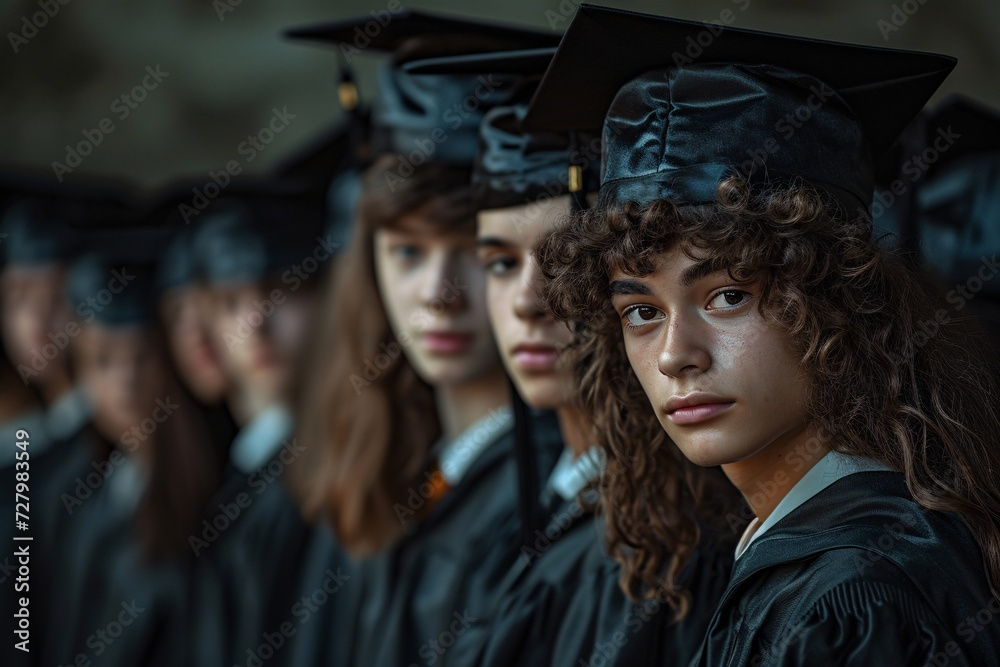 Obraz premium A joyful group of scholars, donning academic dress and mortarboards, celebrate their graduation outdoors as they receive their hard-earned diplomas and mark the beginning of a new chapter in their li