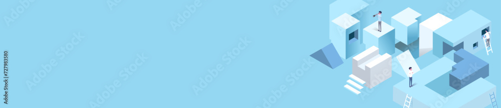  isometric blue background illustration of abstract objects and people