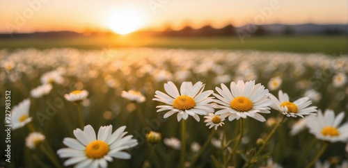 The landscape of white daisy blooms in a field  with the focus on the setting sun. The grassy meadow is blurred  creating a warm golden hour effect during sunset and sunrise time.