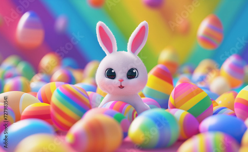 Cute Easter Bunny. Vibrant Bunny Surrounded by Vibrant Easter Eggs.