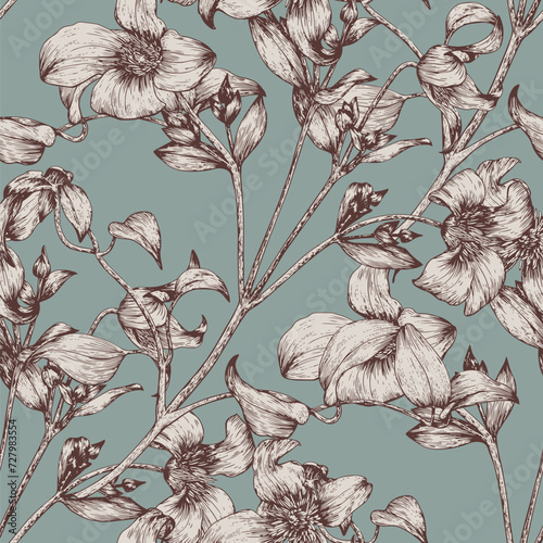 Vintage Floral Toile art seamless pattern elegante twig flowers of Clematis brown engraving, beige fill on green background. Hand drawn elements for design textiles, paper, wallpaper, decor, wedding