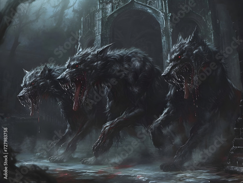 Concept of Mythical Horror: Detailed Artwork of Cerberus, Three-Headed Dog in Gothic Atmosphere, Symbolizing Fear, Fascination, and Dark Fantasy photo