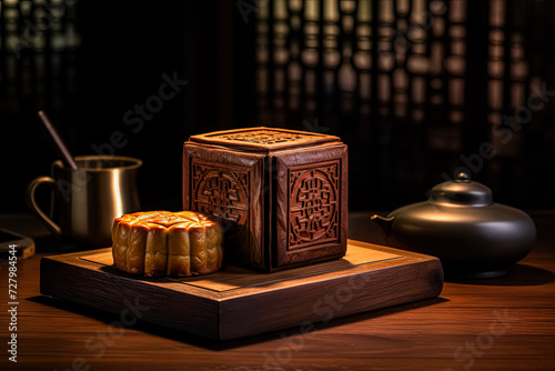Experience the contemporary elegance of a modern mooncake showcased on a warm wooden table. This visually striking image is perfect for conveying a blend of tradition and innovation, making it a capti