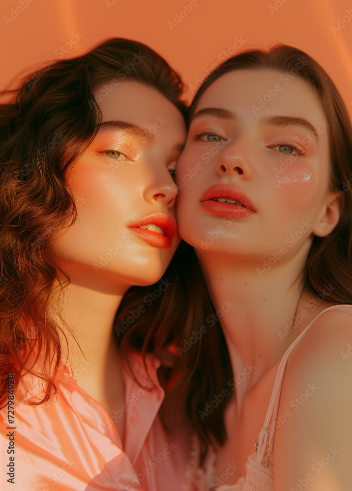 two women pose for a magazine, in the style of minimalist beauty, sunkissed palettes two women pose for a magazine, in the style of minimalist beauty, sunkissed palettes