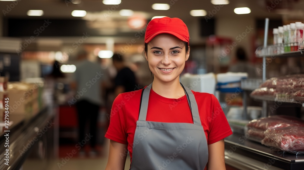 Female salesperson in apron looking at camera in grocery store supermarket generate ai