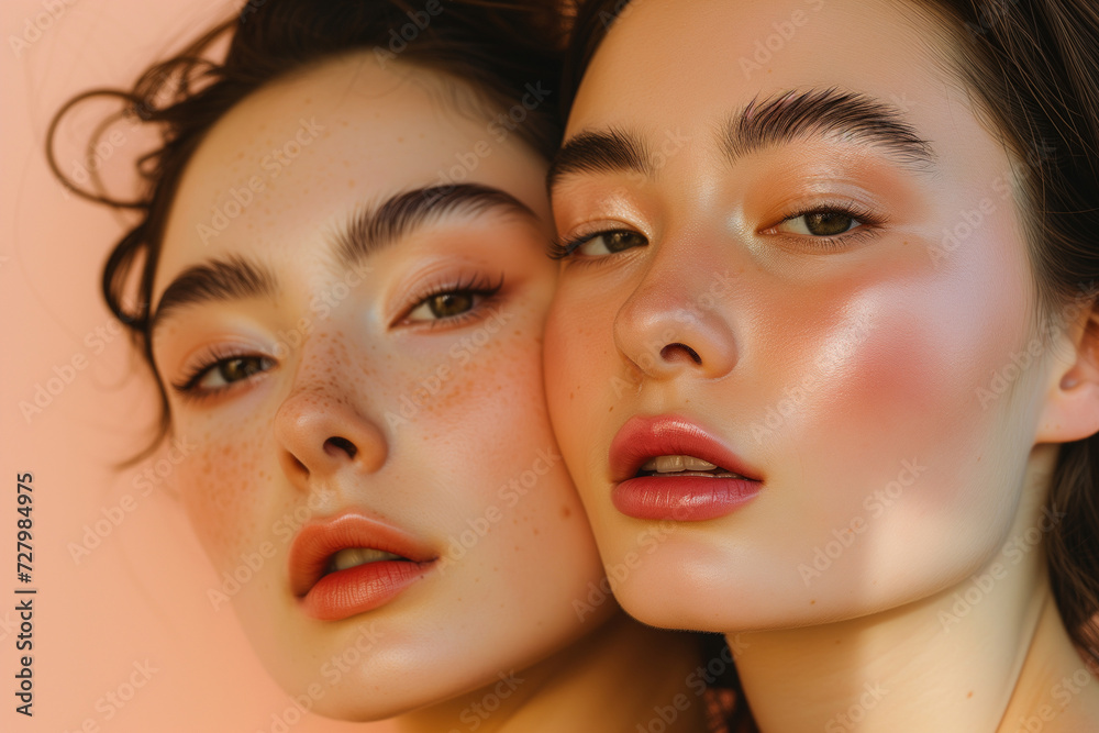 two women pose for a magazine, in the style of minimalist beauty two women pose for a magazine, in the style of minimalist beauty