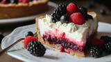 Delicious berry cake with whipped cream on wooden table, closeup