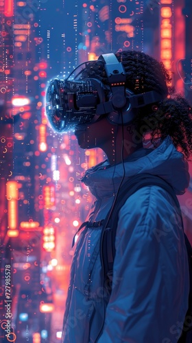 Surreal Cyberpunk Odyssey, African American Woman, a Virtual Reality Hacker, Surrounded by Holographic Code, Futuristic UI, and Virtual Landscapes