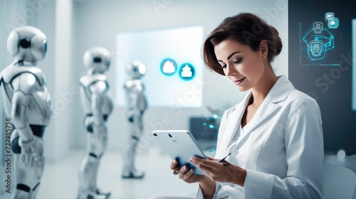 IoT Chatbot in healthcare  doctor using a chatbot Intelligence  AI  Innovation concept to assist in diagnosing medical condition and treatment. Copy space for text  AI generated