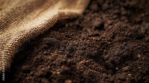Rich dark brown soil partially covered with natural burlap texture photo