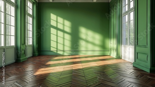 Green-walled room with classic French windows and herringbone floor photo