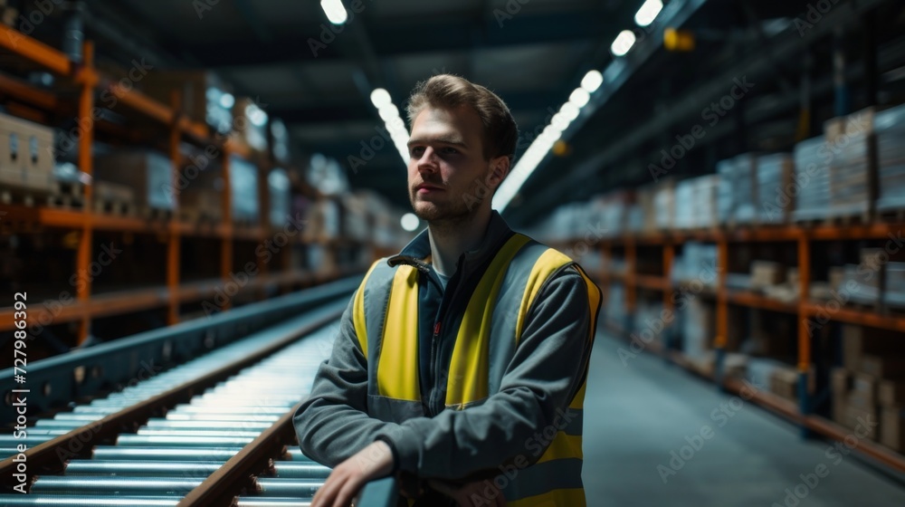 Engineer in a warehouse next to a conveyor, warehouse concept Engineer in a warehouse next to a conveyor, warehouse concept
