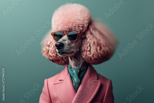 Pink Poodle Strutting the Canine Catwalk, Suited Up with Tie and Sunglasses, a Fashion-Forward Furry Friend Paws and Style © Asiri