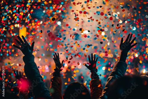 Joyful individuals celebrate under the night sky, hands raised in exaltation as confetti fills the air with a burst of color and light photo