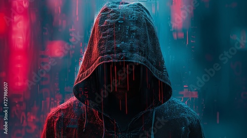 Mysterious hooded figure in a digital art style portrait with neon lights photo