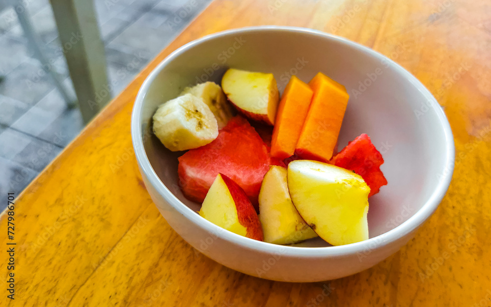 Fruit in bowl for breakfast watermelon apple strawberry mango banana. Fruit in bowl for breakfast watermelon apple strawberry mango banana.