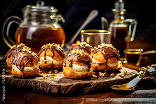 Delight in the airy elegance of Profiteroles showcased on a rustic wooden table. Perfect for culinary projects and dessert themed designs.