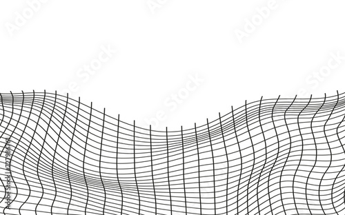 Illustration of a black fishing or football net.Checkered wavy background in doodle style.