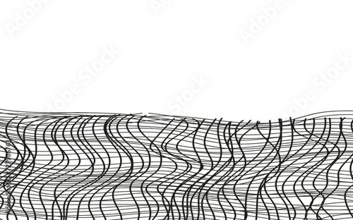 Illustration of a black fishing or football net.Checkered wavy background in doodle style.