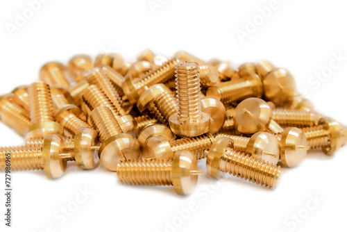 Bronze screws made on a lathe on a white isolated background.