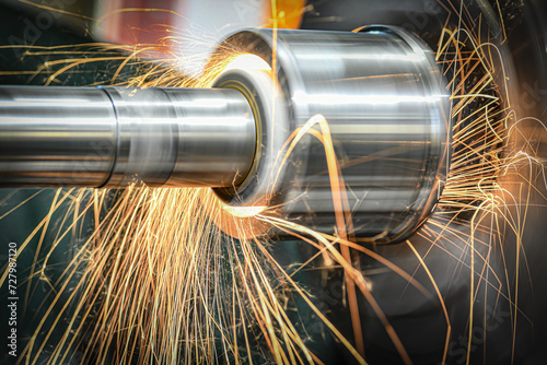 Coarse grinding of inner bore on a circular grinding machine with sparks. photo