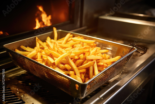 Cooking french fries in a kitchen deep fryer.  
