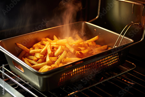 Cooking french fries in a kitchen deep fryer. 