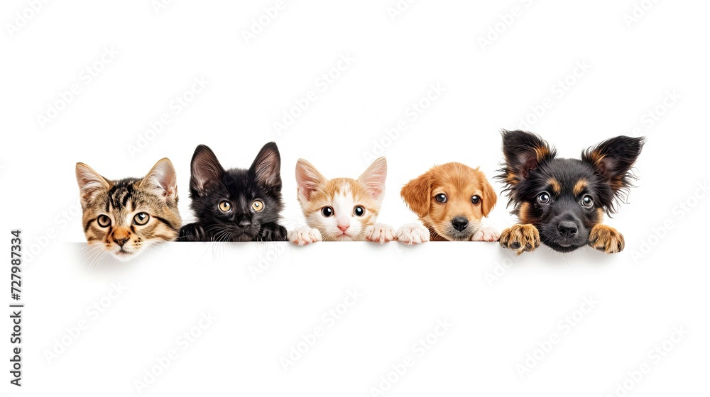 Cats and dogs with paws up, playfully peeking at a blank white sign. Perfect for web banners and social media covers. Ideal for pet-loving businesses