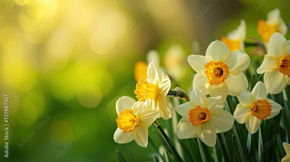 Panoramic spring background with closeup daffodils. Selective focus for a beautiful floral header. Perfect for websites or web banners, capturing the essence of spring Panoramic spring background with closeup daffodils. Selective focus for a beautiful floral header. Perfect for websites or web banners, capturing the essence of spring