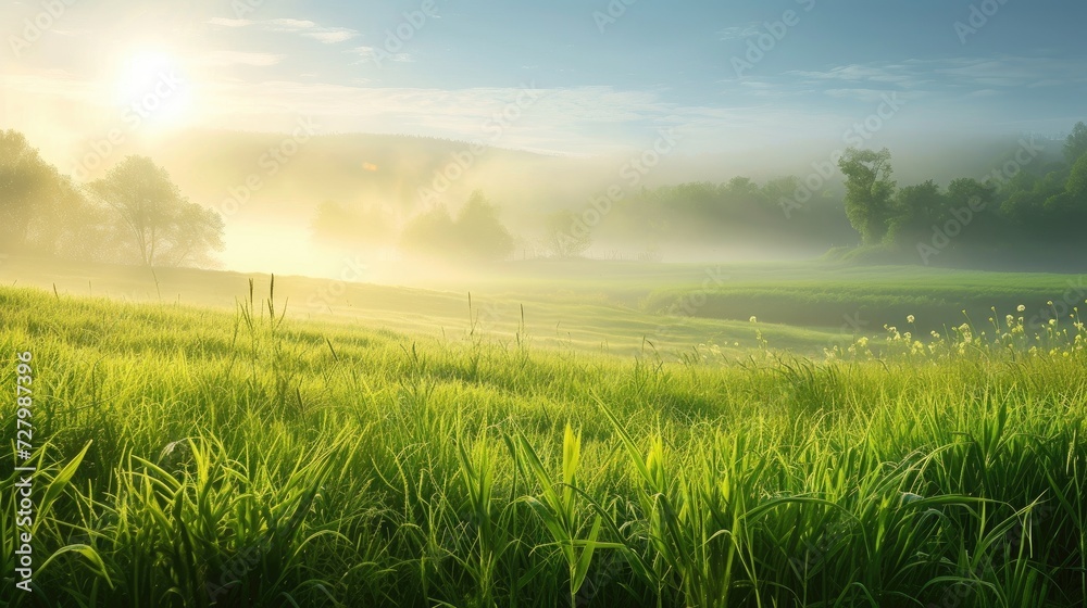 A beautiful summer landscape with cut grass, bathed in morning light and light fog. Ideal for banners capturing the serene essence of a fresh and tranquil morning.