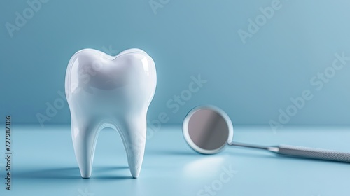 white tooth model and mirror on a blue background. Dental clinic banner with copy space  emphasizing teeth whitening  oral hygiene  and dental treatment