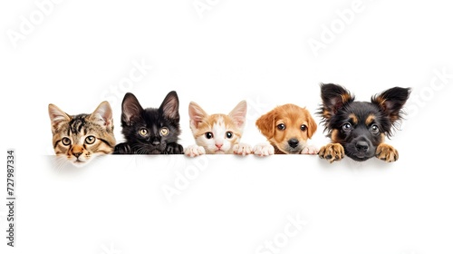 Cats and dogs with paws up, playfully peeking at a blank white sign. Perfect for web banners and social media covers. Ideal for pet-loving businesses