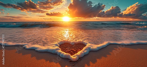 As the sun sets over the calm ocean, a heart-shaped sand with foamy waves on the shore creates a picturesque landscape of love and tranquility amidst the vast horizon
