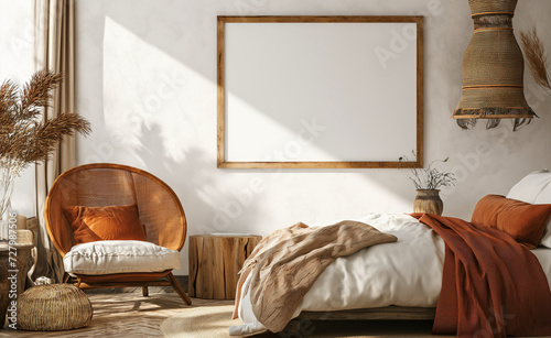 Boho Bedroom Bliss: Blank Wooden Frame Mockup Template.