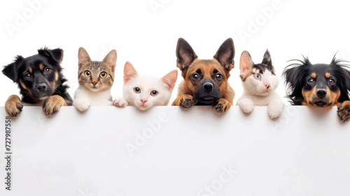 Cats and dogs with paws up, playfully peeking at a blank white sign. Perfect for web banners and social media covers. Ideal for pet-loving businesses © Vasyl