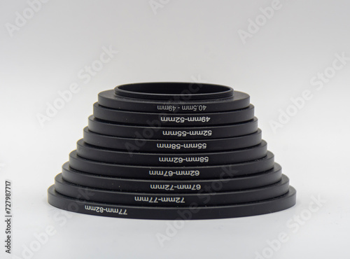 Various adapter rings for camera lens and filters