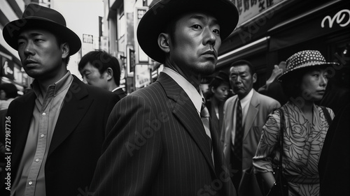 1930's B&W portrait of a enigmatic Japanese businessman in a group of associates, in the style of editorial fashion and photojournalism.	
